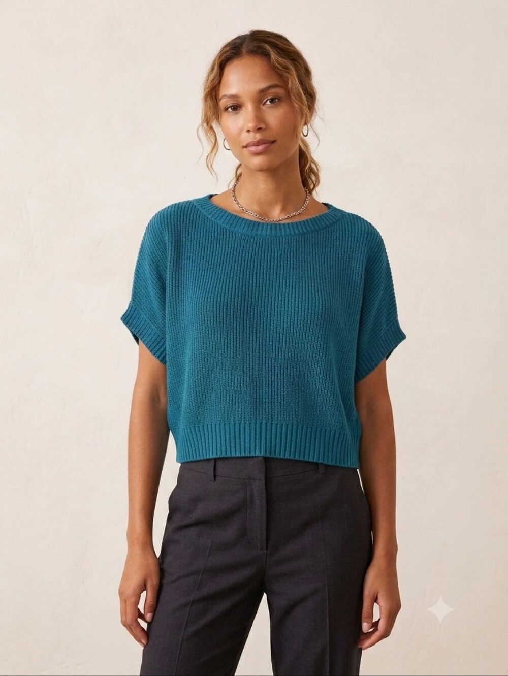 Lauren Ralph Lauren Casual Chic Crop Short Sleeve Sweater Cotton Teal Size M